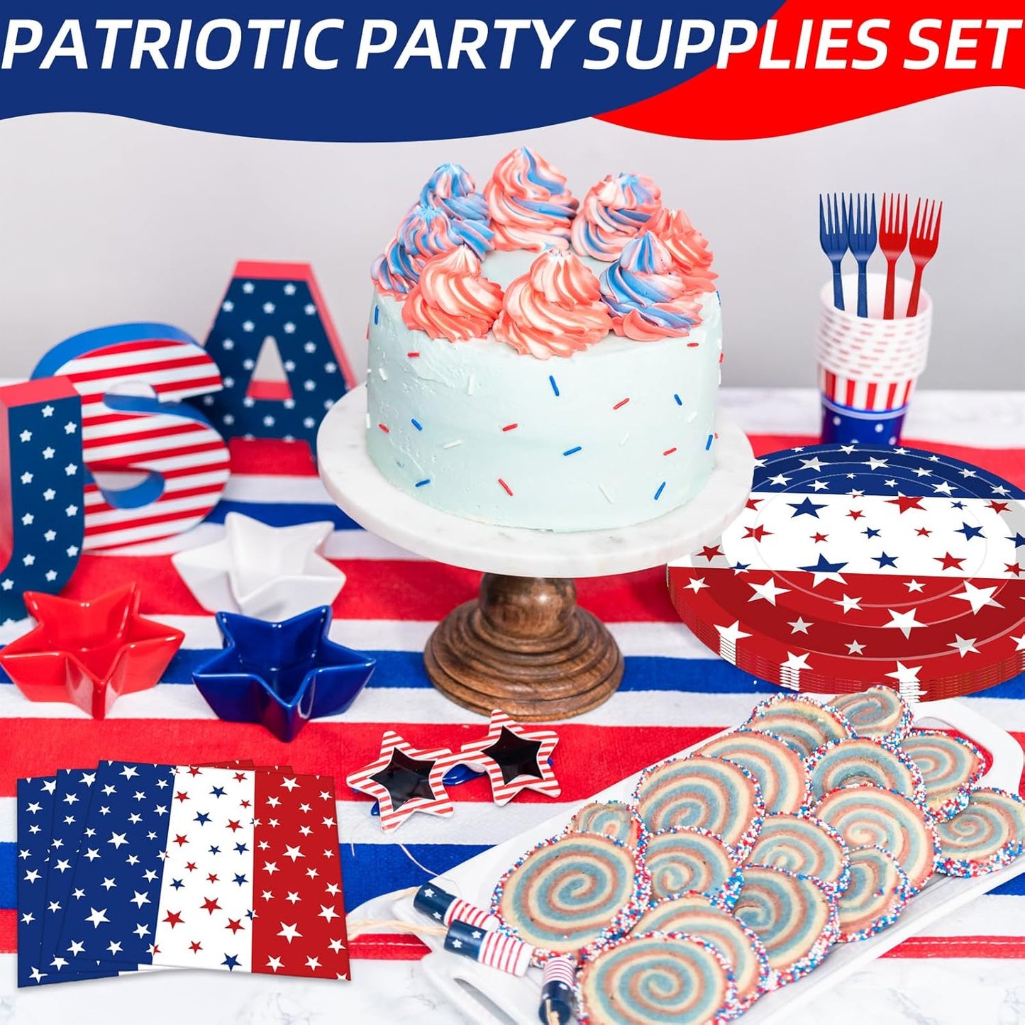 Regine Switzerland Patriotic Party Supplies Set - 100 Pcs Disposable Red, White, and Blue Tableware for 25 Guests | Perfect for 4th of July, Memorial Day, and Labor Day Celebrations