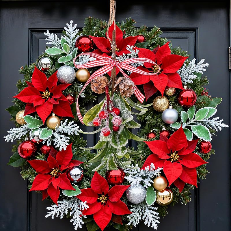 Mistletoe Christmas Decor Hanging with Plaid Bow, 2 Pcs, Red Berries – 10in Aesthetic Kissing Ball (Variation: Green+2)