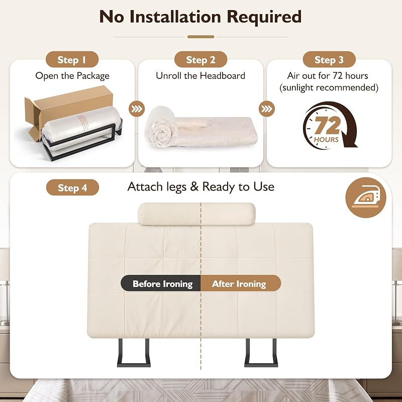 Twin Headboard with Headrest - Memory Foam Upholstered Beig e Twin