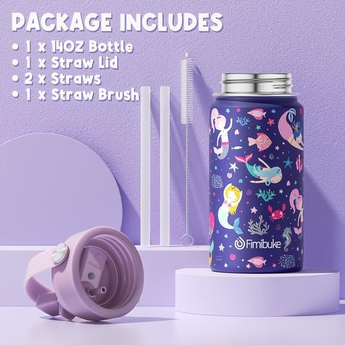 Fimibuke Kids Insulated Water Bottle - 14oz BPA-Free Stainless Steel Tumbler | Leak-Proof Mermaid Design