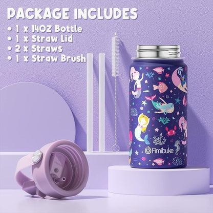 Fimibuke Kids Insulated Water Bottle - 14oz BPA-Free Stainless Steel Tumbler | Leak-Proof Mermaid Design