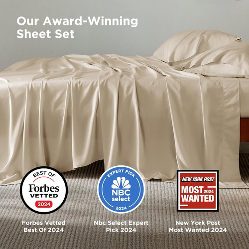 Bedsure Queen Sheet Set - Cooling Bamboo Rayon Sheets | Deep Pocket, Breathable & Soft, Beige