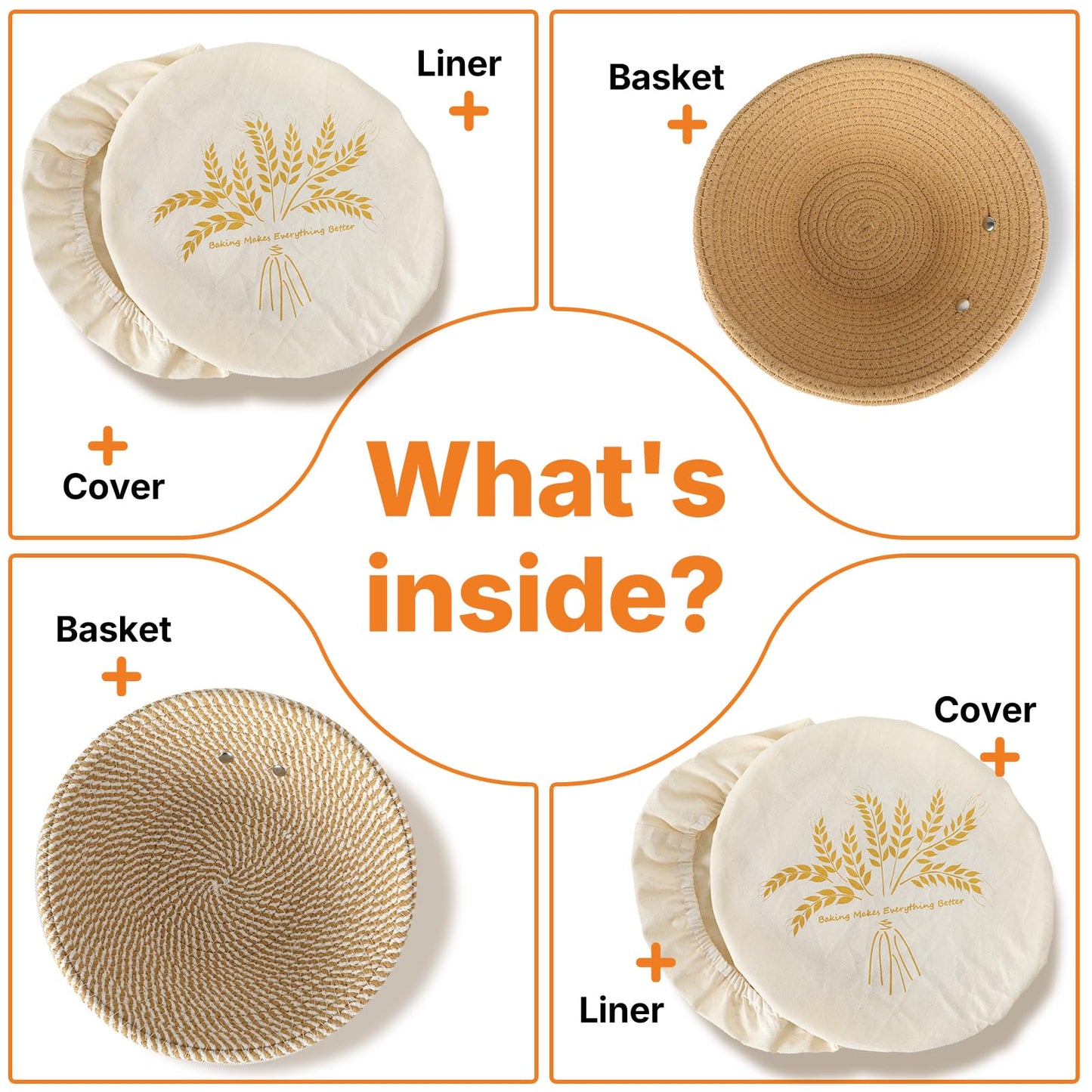 NeoRov Handmade Cotton Rope Banneton Bread Proofing Basket Set - 2X Round Bread Baskets - With Liner & Cloth Cover - For Proofing Sourdough Bread & Bread Storage (Khaki & Khaki Stripes)