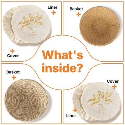 NeoRov Handmade Cotton Rope Banneton Bread Proofing Basket Set - 2X Round Bread Baskets - With Liner & Cloth Cover - For Proofing Sourdough Bread & Bread Storage (Khaki & Khaki Stripes)