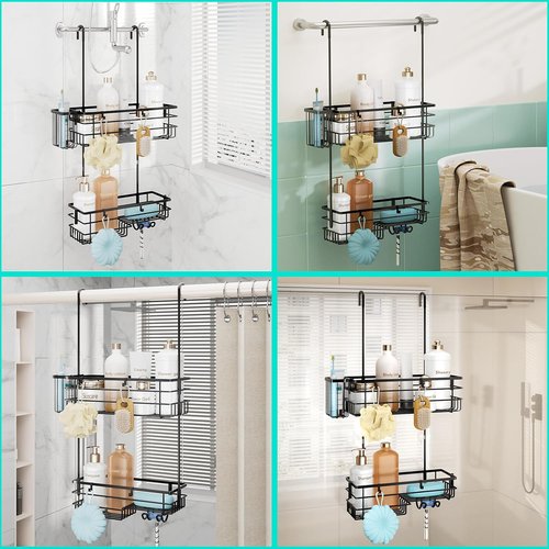 HapiRm Hanging Shower Caddy Organizer - Rustproof 304 Stainless Steel with Hooks & Toothbrush Holder - Black