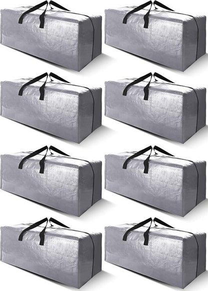 Cosy Family Extra Large Moving Bags - 8 Pack with Backpack Straps, Strong Handles & Zippers | 40 Gallon, Silver
