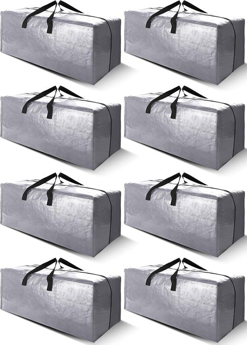 Cosy Family Extra Large Moving Bags - 8 Pack with Backpack Straps, Strong Handles & Zippers | 40 Gallon, Silver