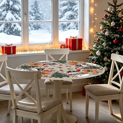 Christmas Snowman Fitted Tablecloth 40-44 Inch, Elastic Edge, Round Xmas Gingerbread Man