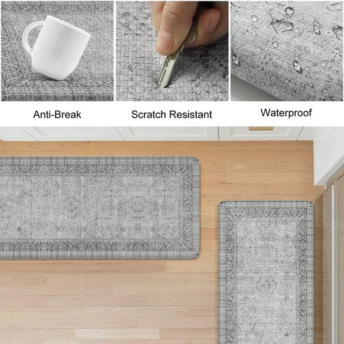 KIMODE Anti Fatigue Kitchen Mats for Floor, Boho Oriental Kitchen Rugs Sets of 2, Padded Kitchen Floor Mats Non Slip, Cushioned Standing Mats for Sink, Laundry, Desk Grey 20"x47"+20"x32"
