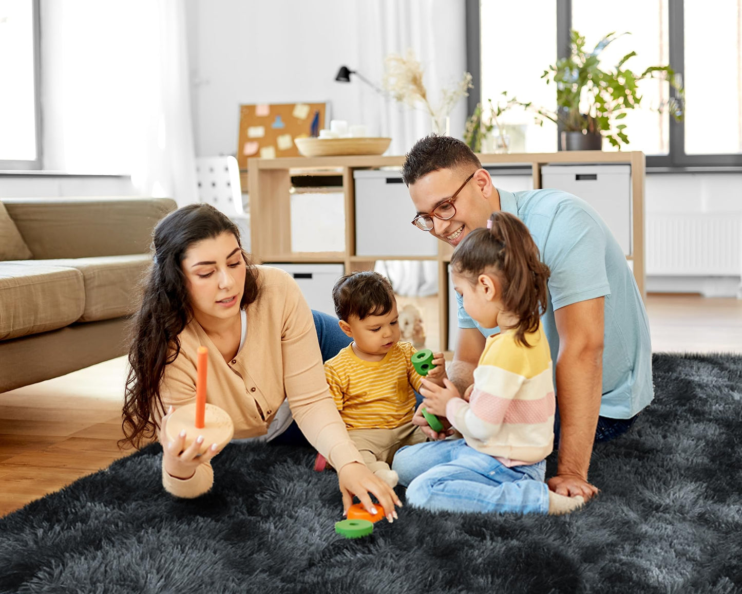 Mugorn 5x7 Rugs for Living Room, Large Fluffy Area Rugs for Bedroom, Soft Carpet Shag Kids Rug with 4 Non-Slip Rug Pads (Black Grey Tie-Dyed, 5ft x 7ft)