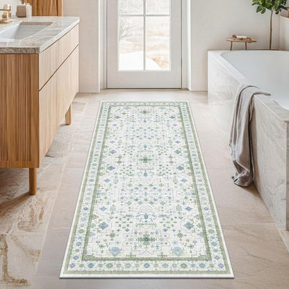 Hazo Haus Washable Oushak Bathroom Runner Rug - Eclectic Boho Floral Design, Non-Slip, 2x5 ft, Cream Green