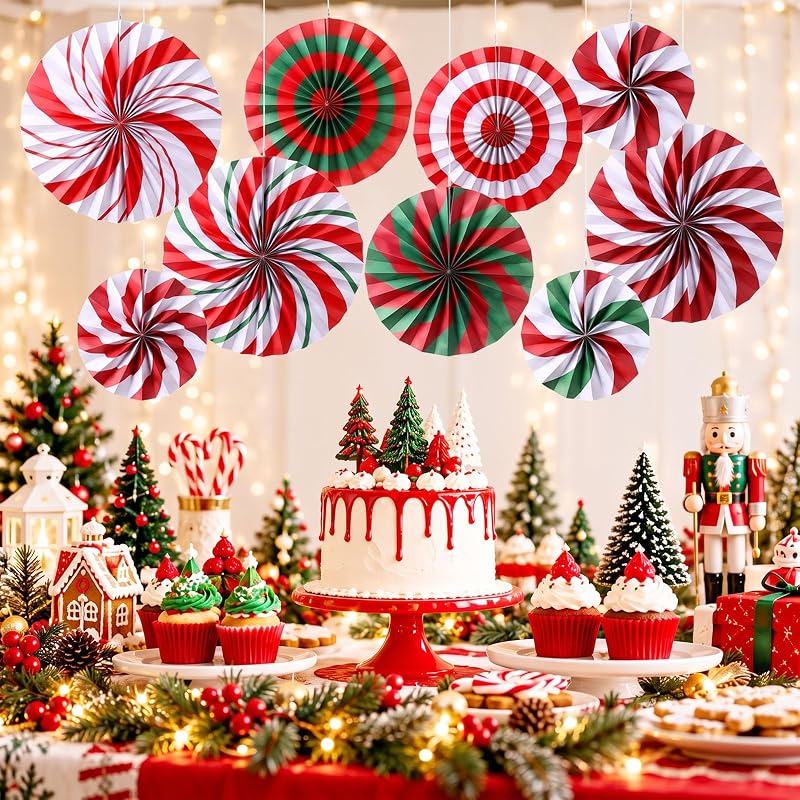 Peppermint Candy Cane Christmas Paper Fans 9-Pack - 8/12/16 Inch Hanging Decorations