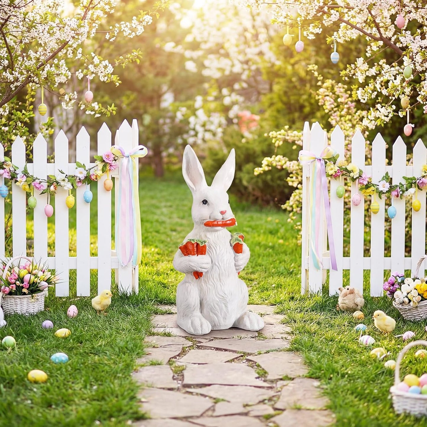 Yookeer 13-Inch Large Bunny Sculpture - Spring Resin Rabbit Figurine with Carrot for Easter Decor