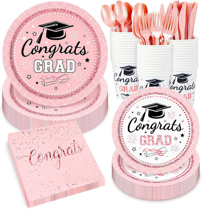 Whaline Graduation Party Supplies Set - 175 Pcs Pink Disposable Plates, Napkins, Cups & Cutlery for 25 Guests