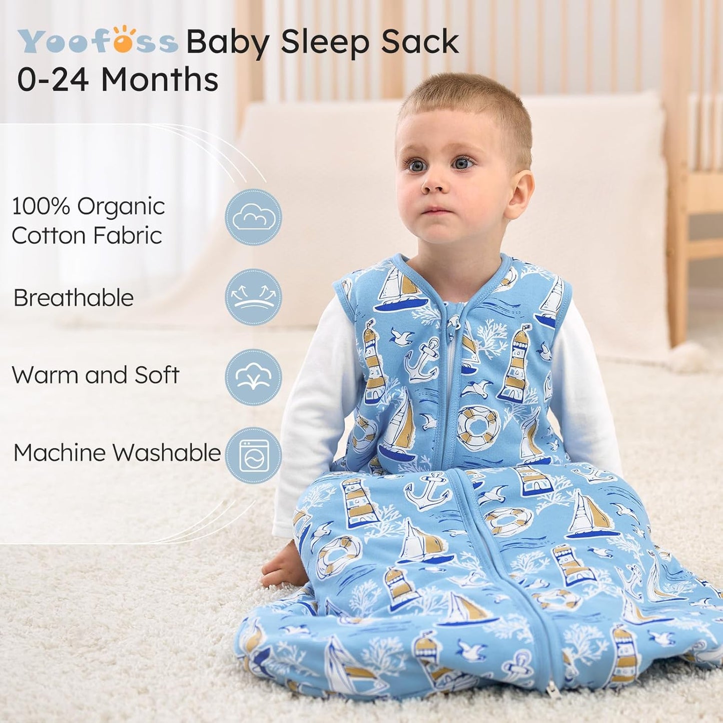 Yoofoss Baby Sleep Sack - 1.5 Tog Wearable Blanket for Infants 0-6 Months | Soft Organic Cotton, 2-Way Zipper
