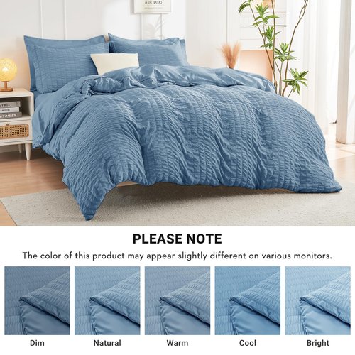 HYMOKEGE Mineral Blue Full Size Comforter Sets Seersucker 7 Pieces, All Season Luxury Bed in a Bag for Bedroom, Bedding Set with Comforter, Sheets, Pillowcases & Shams