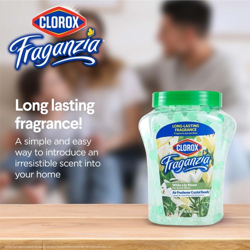 Clorox Fraganzia Crystal Beads Air Freshener, Long Lasting Room Deodorizer and Odor Eliminator Gel Beads to Freshen Home, Car, or Office, White Lily Bloom Scent, 12 Fl Oz