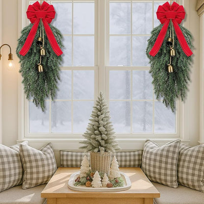 Dingion 23.6in Teardrop Christmas Swag with Bells & Red Bow - Faux Spruce Variation of THIS listing Faux Spruce