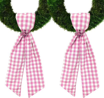 Regine Switzerland Christmas Wreath Sash - Pink Plaid Burlap Decor for Front Door | 2 Pieces