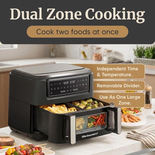 Elite Gourmet 11QT Dual Zone Air Fryer Oven - Sync Cook & Finish, PFAS Free Nonstick, 10 Presets, Black