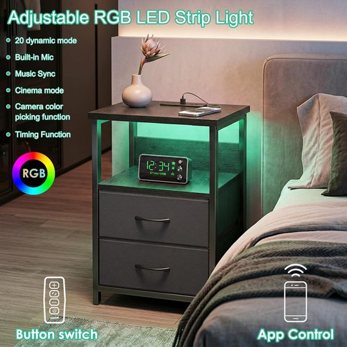 Fixwal Night Stand - LED Nightstand with Charging Station & USB Ports, Modern Black with 2 Drawers