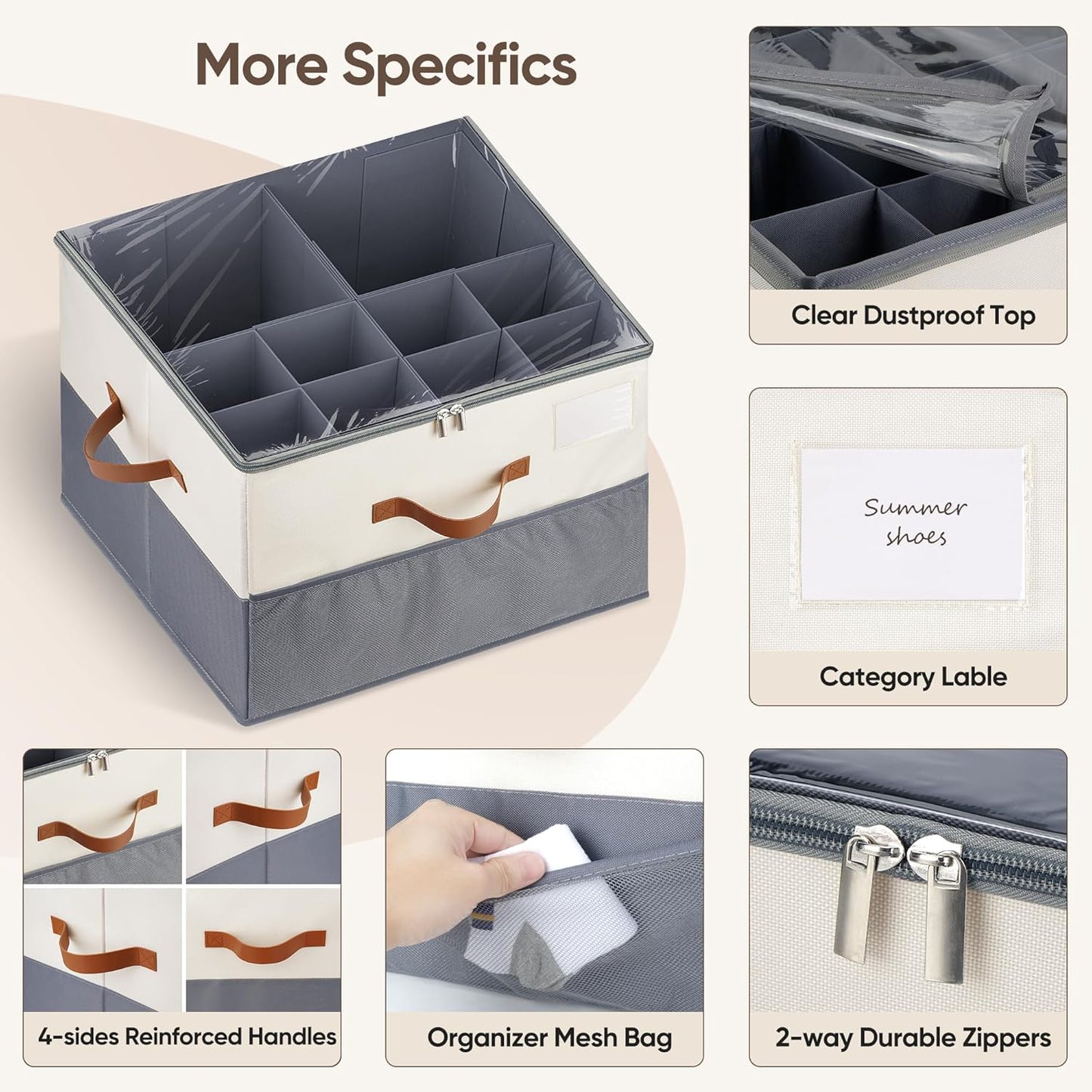 Skiennix Shoe Organizer - 2 Pack Adjustable Storage Containers with Clear Lids | Fits 16-32 Pairs, Beige & Grey