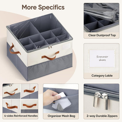 Skiennix Shoe Organizer - 2 Pack Adjustable Storage Containers with Clear Lids | Fits 16-32 Pairs, Beige & Grey