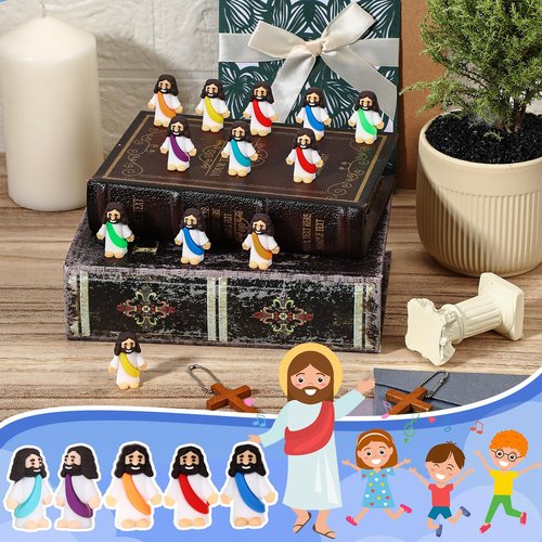 Bememo 12 Pcs Little Jesus Love You Figure Original Rubber Easter to Hide and Seek March for Jesus Religious Party Favors Sunday School Baptism Easter Gifts(Rainbow Colors)