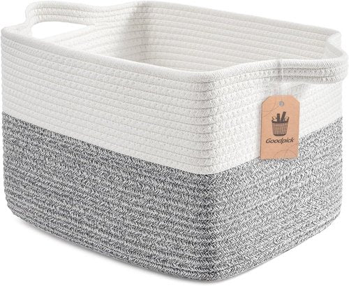 Goodpick Woven Storage Basket - Cotton Rope Organizer with Handles | Small Laundry Bin, 13''x10''x9'', Gray & White