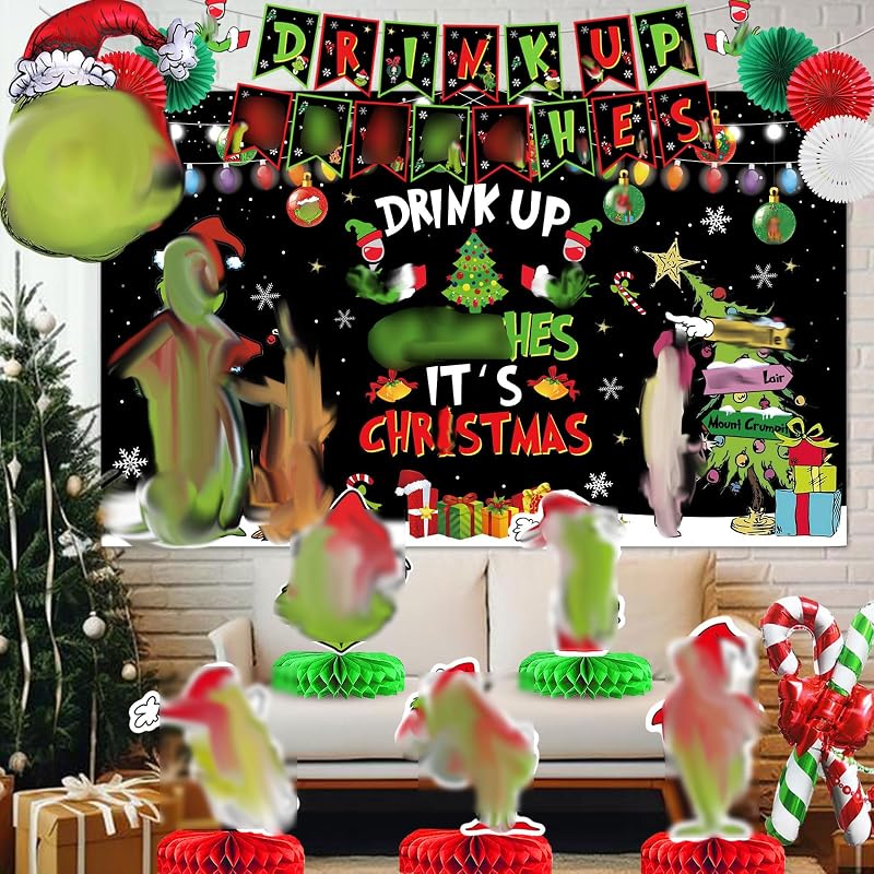 Green Drink Up Christmas Banner Backdrop Set – Naughty Friendsmas Decor