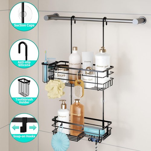 HapiRm Hanging Shower Caddy Organizer - Rustproof 304 Stainless Steel with Hooks & Toothbrush Holder - Black