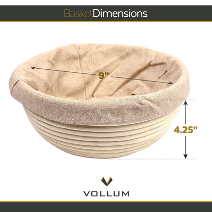 Vollum Bread Proofing Basket Banneton Baking Supplies for Beginners & Professional Bakers, Handwoven Rattan Cane Bread Maker with Linen for Artisan Breads, 8.5 x 4.25 Inch, 1-Pound Round Brotform