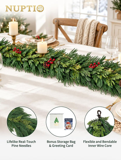 9 Ft Norfolk Pine Garland with 80 LED Lights - Prelit Artificial Greenery, Multi-Function Remote