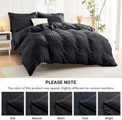 HYMOKEGE Comforter Set - Luxurious Black Seersucker 7-Piece Bedding Set for All Seasons | Includes Sheets & Pillowcases