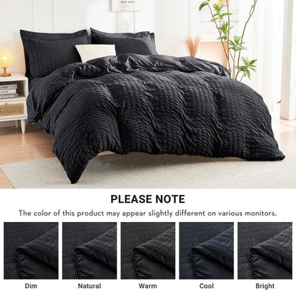 HYMOKEGE Black Oversized King Comforter Set Seersucker 7 Pieces, All Season Luxury Bed in a Bag for Bedroom, Bedding Set with Comforter, Sheets, Pillowcases & Shams