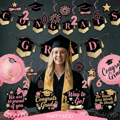 PartyWoo Graduation Decorations - Class of 2026 Black, Gold & Pink 19-Piece Set with Banner & Balloons