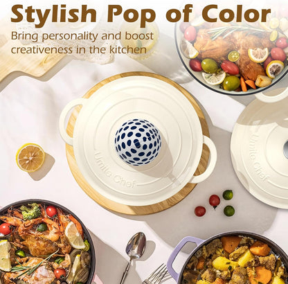 Umite Chef Enameled Cast Iron Dutch Oven - 5QT Heavy-Duty Pot with Lid & Potholders | Cream White for Baking & Stews