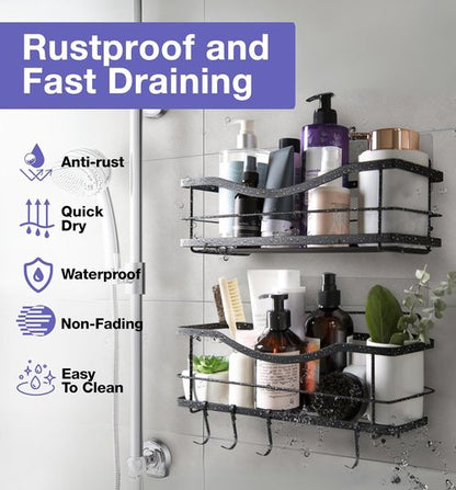 KINCMAX Premium Shower Caddy - Self-Adhesive Organizer with 4 Hooks | Rustproof Stainless Steel, Matte Black