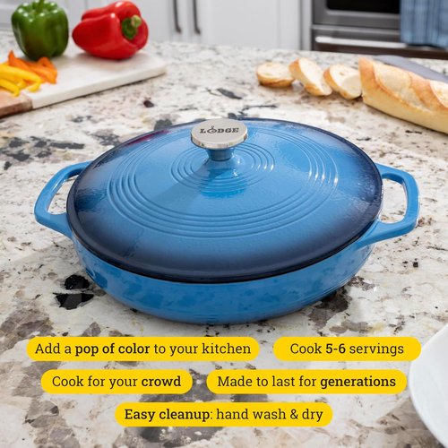 Lodge Essential Enamel Braiser - Induction-Safe & PFAS-Free Cookware - 3.5 Quart, Caribbean Blue