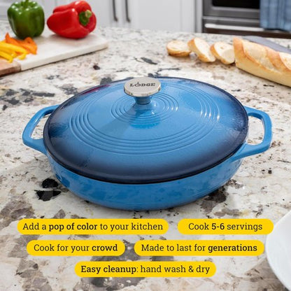 Lodge Essential Enamel Braiser - Induction-Safe & PFAS-Free Cookware - 3.5 Quart, Caribbean Blue