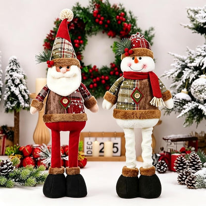 Christmas Extendable Santa & Snowman Plush Set - Standing Holiday Table Decor