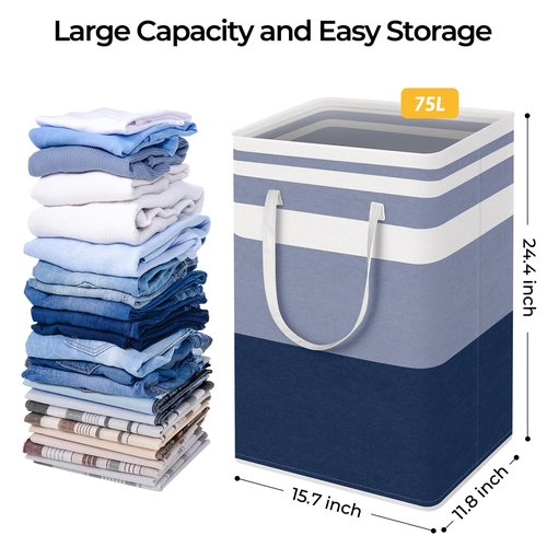 HomeHacks 2-Pack Large Laundry Basket, Waterproof, Freestanding Laundry Hamper, Collapsible Tall Clothes Hamper with Extended Handles for Clothes Toys in the Dorm and Family (Blue, 75L)