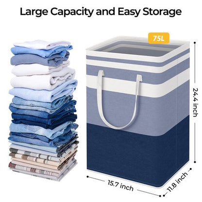 HomeHacks 2-Pack Large Laundry Basket, Waterproof, Freestanding Laundry Hamper, Collapsible Tall Clothes Hamper with Extended Handles for Clothes Toys in the Dorm and Family (Blue, 75L)