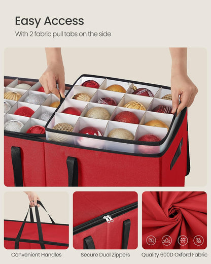 SONGMICS Christmas Ornament Storage Box - Stackable Dual Zipper Container with 128 Slots - Cherry Red