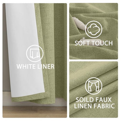 Yakamok Linen Sage Curtains 100% Blackout 63 Inches Long,Room Darkening Textured Curtains for Living Room Thermal Grommet Bedroom Curtain 2 Panels with Greyish White Liner