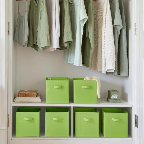 Granny Says Cube Storage Bins - 11 Inch Foldable Fabric Organizers with Handle | Light Green, 6 Pack