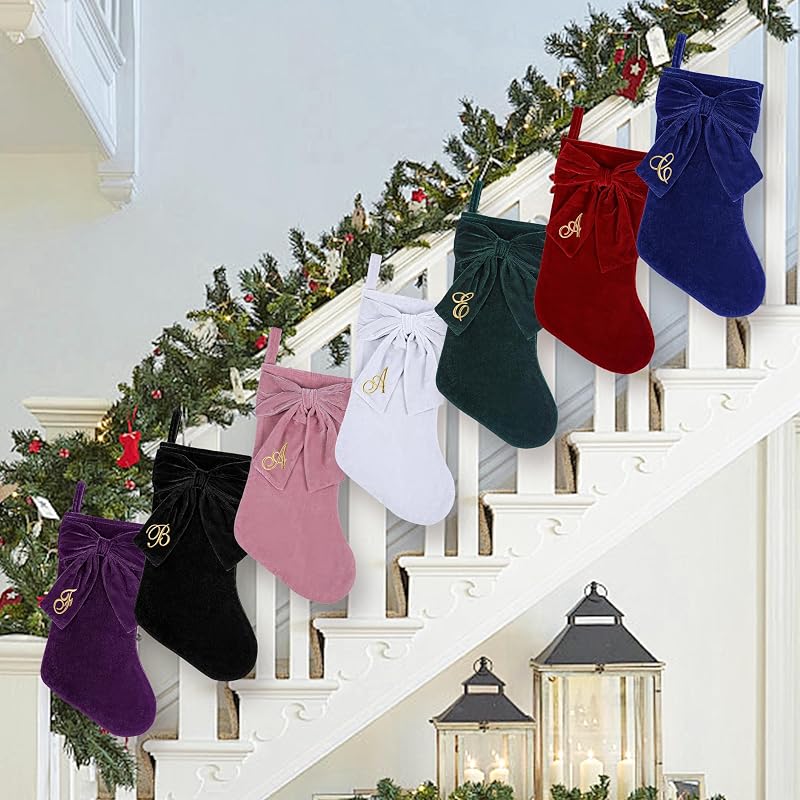 19 Inch Black Velvet Christmas Stocking with Elegant Bow & Monogram L - Personalized Embroidered Holiday Stocking