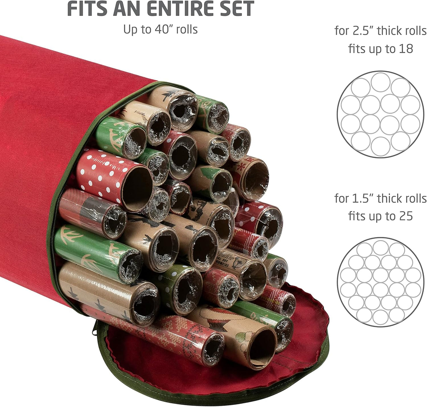 ZOBER Gift Wrap Storage Organizer - 40 Inch Waterproof Holder for 25 Rolls - Red Christmas Design