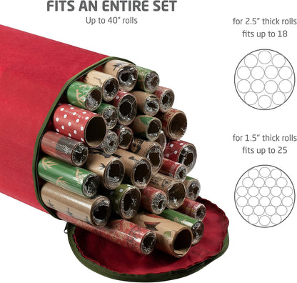 ZOBER Gift Wrap Storage Organizer - 40 Inch Waterproof Holder for 25 Rolls - Red Christmas Design