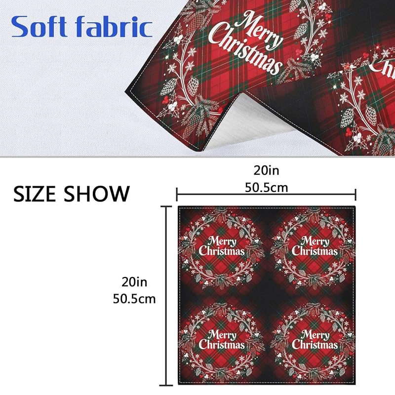 Christmas Monogram Wreath Plaid Cloth Napkins Set of 6, 20 x 20 in, Washable Polyester